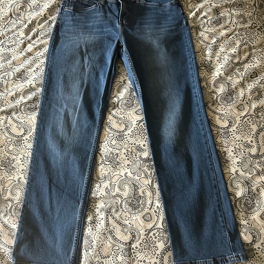 Blue Straight Leg Jeans with Contrast Stitching